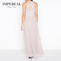 European Luxury Women Pink Lace Event Party Wearing Chic Robe Halter-Neck Dress